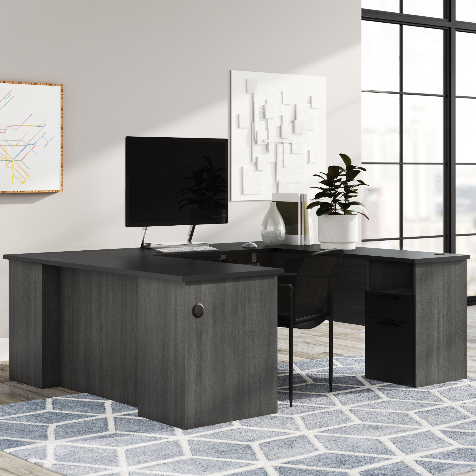 Ayaaz U Shaped Executive Desk Wade Logan Color Black Bark Gray